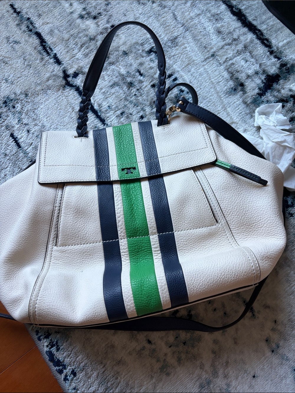 Tory Burch Cream Leather Tote with Green and Navy Center Stripes